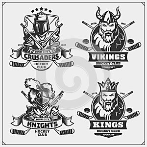 Hockey badges, labels and design elements. Sport club emblems with crusader, king, knight and viking.