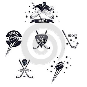 Hockey emblem. Hockey goalie, puck and stick. Vector illustration