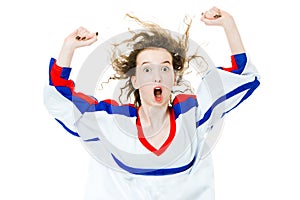 Hockey fan in jersey in national color of France cheer, celebrating goal