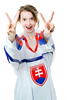 Hockey fan in jersey in national color of Slovakia cheer, celebrating goal