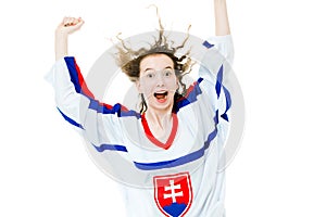 Hockey fan in jersey in national color of Slovakia cheer, celebrating goal