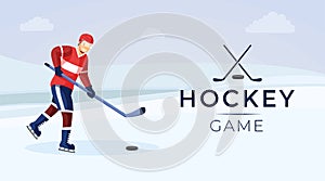 Hockey game flat color banner template. Active lifestyle, team wintersport illustration with logotype and inscription