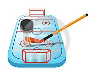 Hockey game on ice rink isolated icon, puck and stick