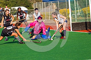 Hockey Girls Goalie Defending Action