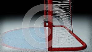 Hockey goal. The puck flies into the goal on the ice rink.