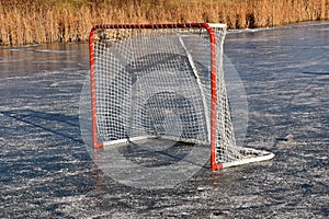 A hockey goalie box is left on the ice of a slough