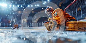 A hockey goalie in full gear crouches low on the ice, ready to defend the net from incoming shots with lightning-fast