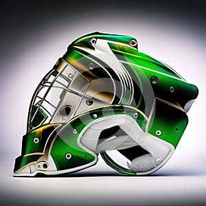 Hockey goalie helmet - white and green color. Generative AI