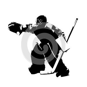 Hockey goalie, isolated vector silhouette. Goalkeeper, ice hockey logo, pen drawing