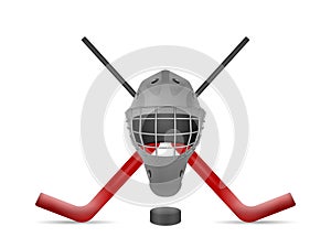 Hockey goalie mask sticks and puck