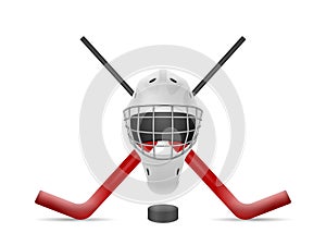 Hockey goalie mask sticks and puck