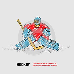 Hockey goalie positioning. Vector outline of hockey player with scribble doodles.