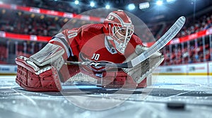 A hockey goalie sits on the ice in front of an arena, taking a moment to rest as the game plays on