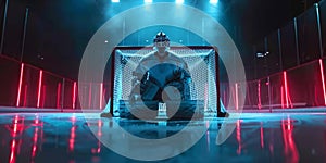 A hockey goalie sits solemnly in front of their net, watching the game unfold around them