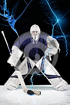 Hockey goalie stands UNDER BLUE FLASHES  LIGHTNING ready to catch the puck.