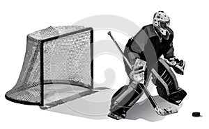 The hockey goalkeeper protects the goal. Goalkeeper, gate and puck isolated on white background.