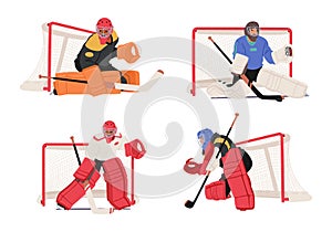 Hockey Goalkeepers In Vibrant Gear, Fiercely Guard The Net With Lightning Reflexes. Their Masks Conceal Determination