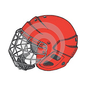 Hockey Helmet with mask. Side view. Sports Vector illustration isolated on white background. Ice hockey sports equipment