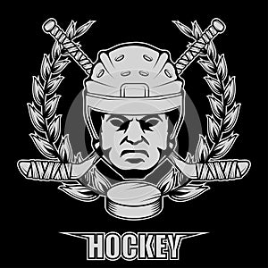 Hockey helmet. Professional ice illustration. Ice Games logo. Goalkeeper mask with sticks.
