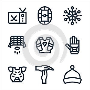 Hockey line icons. linear set. quality vector line set such as beanie, time out, chest guard, ice hockey, clothes, hockey goal,