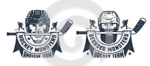 Hockey logo with player head and stick.