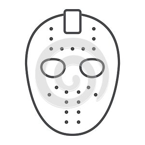 Hockey mask thin line icon, helmet and mask, goalie sign, vector graphics, a linear pattern on a white background,