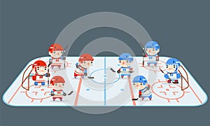 Hockey play field teams players cartoon flat design vector illustration