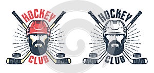 Hockey player with beard and crossed sticks - vintage sport emblem