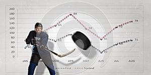 Hockey player and dynamics graph. Mixed media . Mixed media