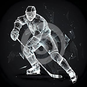 Hockey player goalkeeper polygonal silhouette with stick kicking puck