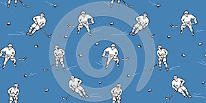 Hockey players during the game. Hand drawn seamless pattern
