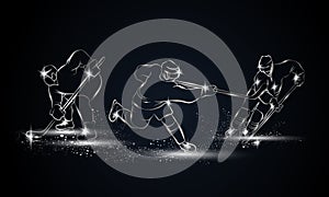 Hockey players set. Metallic linear hockey player illustration for sport banner, background.