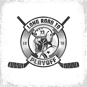 Hockey playoff retro emblem with bearded player photo
