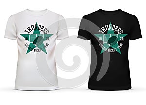 Hockey puck flying into goal print on t-shirt. College team thunders registered trademark inside star on sportswear