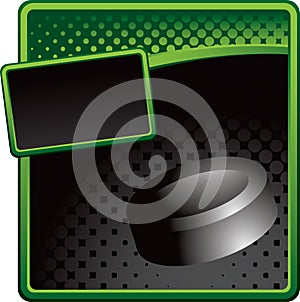 Hockey puck on green and black halftone ad