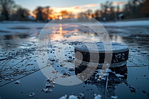 Hockey puck on ice with the goal in the background