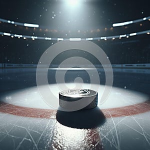 hockey puck on ice in a stadium at night, with lights