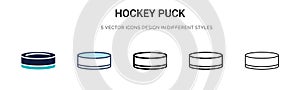 Hockey puck icon in filled, thin line, outline and stroke style. Vector illustration of two colored and black hockey puck vector