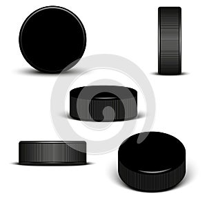 Hockey puck isolated on white background 3d realistic vector objects, set of different positions: front, side, isometric view