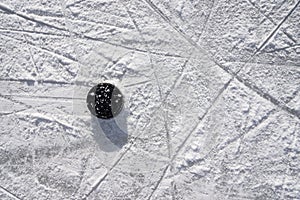 Hockey puck lies on the ice in the stadium