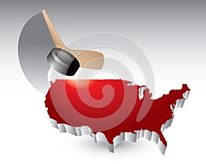 Hockey puck and stick over red united states icon