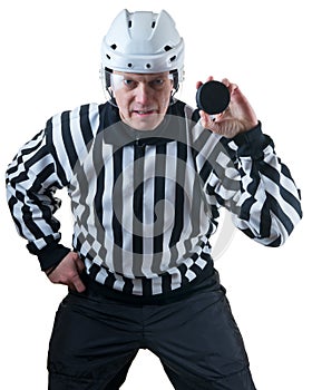 Hockey referee with puck