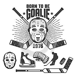 Hockey retro emblem with vintage goalkeeper`s mask and sticks
