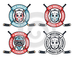 Hockey retro logo with goalie mask, crossed sticks and round ribbon