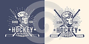Hockey retro vintage logo with player head and crossed sticks