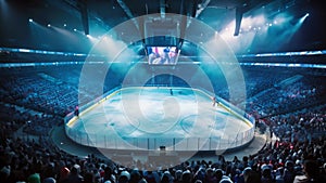 A hockey rink with a large central ice rink, ready for an exciting game, stadium with fans crowd and an empty ice rink, AI