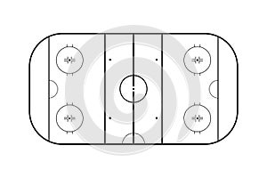 Hockey rink top view thin line, game strategy sport plan. Hockey field template playground in black and white color