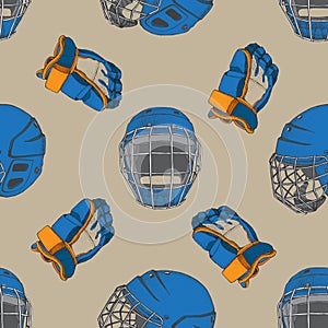 Hockey seamless pattern. Blue Helmet with mask and gloves on brown bacground. Sports Vector illustration. Ice hockey