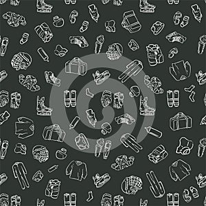 Hockey seamless pattern. Hand-drawn elements of sports equipment on a dark gray background.