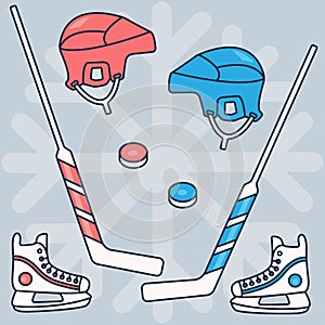 Hockey set of vector images: stick, puck, helmet, skates, red and blue on the background of snowflakes. Winter sports.